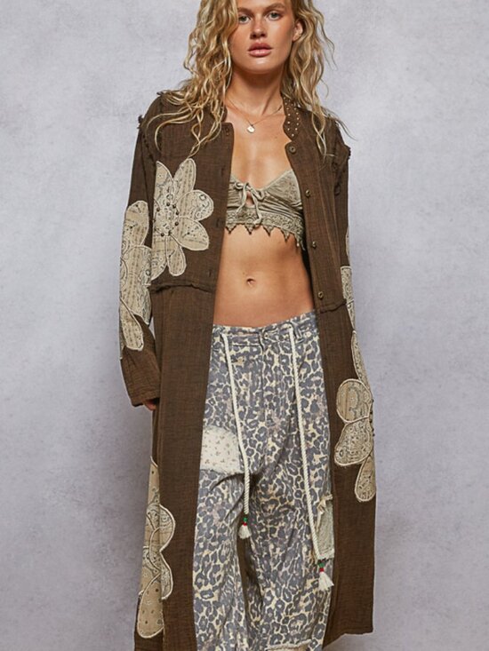 POL Jackets & Blazers - Charcoal LS Gauze w Floral Appliques Studded Long Jacket